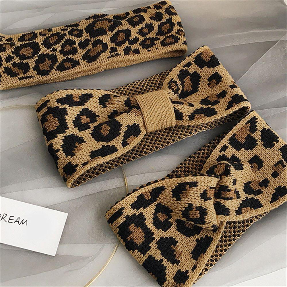 New Hair Styling Winter Warm Bowknot Turban Leopard Headwear Crochet Head Wrap Knitted Headband