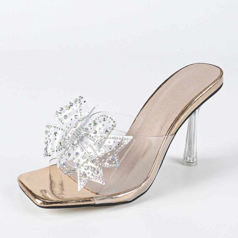Модные прозрачные ПВХ шлепанцы Liyke для женщин, хрустальные стразы, бантик, высокие каблуки, прозрачные сандалии, модный квадратный носок, обувь для вечеринок и выпускного вечера