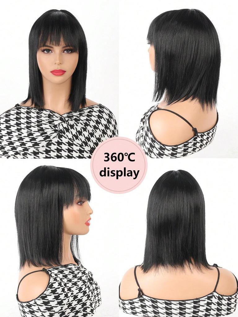 Synthetic Short Straight Bob Heat Resistant Wigs With Bangs Black Wigs For Women Daily Role Play Party Wigs