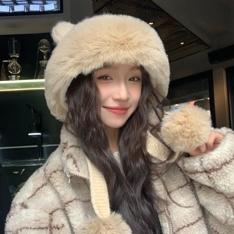 Осенне-зимняя шапка Женская модная плюшевая шапка с медвежьими ушками Защита от холода Защита ушей Флисовая теплая шапка