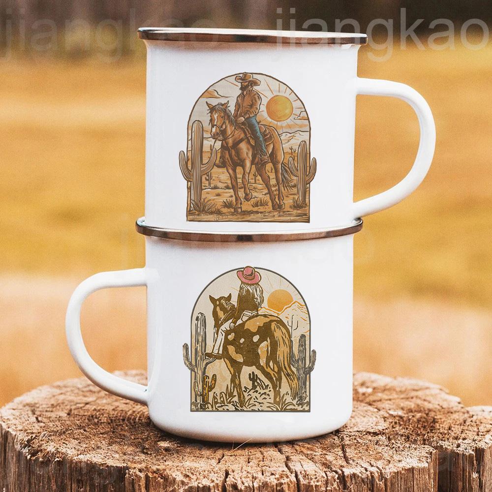 West Cowboy Printed Camper Mugs Camping Enamel Mug Adventure Campfire Party Beer Juice Cup Gifts for Camper Best Gift for He Her