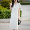 Acetic Acid Satin Round Neck Dress for Women Summer Thin Beads Retro Pleated Loose and Versatile Mid-length Skirt