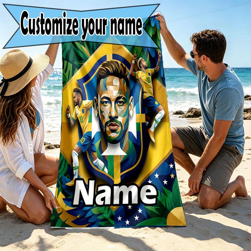 Custom Name Personalized Neymar Jr Print Beach Towel, for Trip Camping Beach Party Home Decor, Birthday Gift for Family & Friends