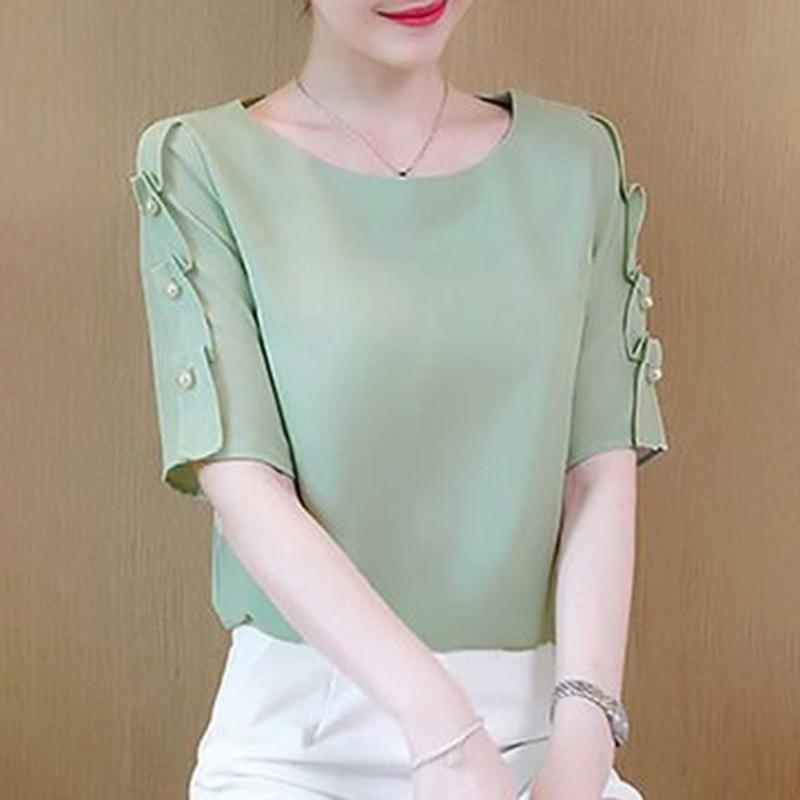 VONDA Женская летняя повседневная однотонная свободная блузка с круглым вырезом и жемчугом в виде листьев лотоса и короткими рукавами