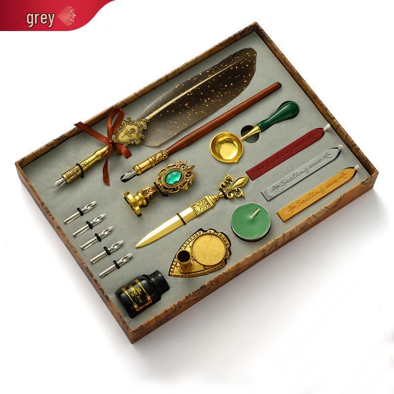 British Style Gold Splatter Feather Pen Set with Custom Logo - Ink Dipping Set, Birthday Gift