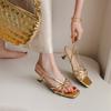 Fashion New Summer Sandals Split Leather Sandals for Women Fashion Square Toe High Heels Sandals Ladies Shoes Gladiator Shoes Golden