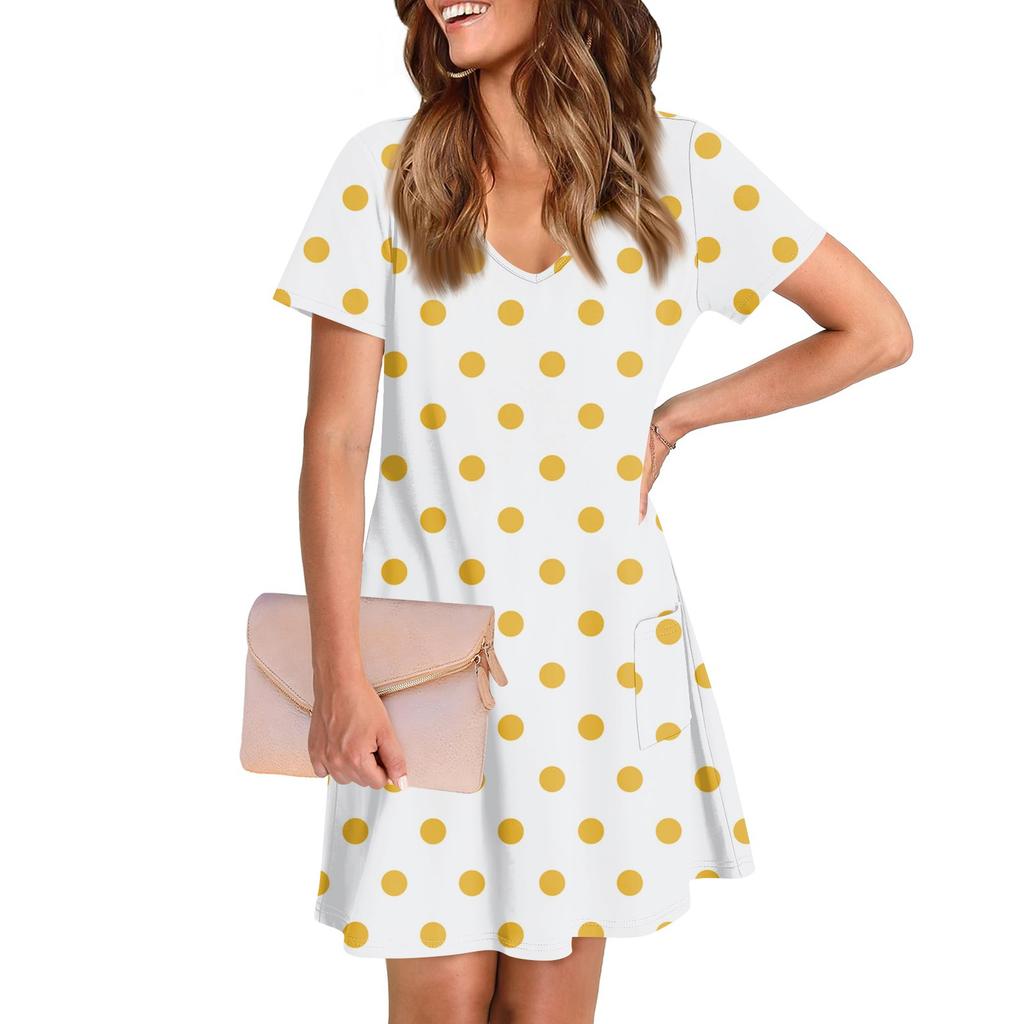 Женское повседневное и модное платье средней длины с V-образным вырезом и коротким рукавом с принтом