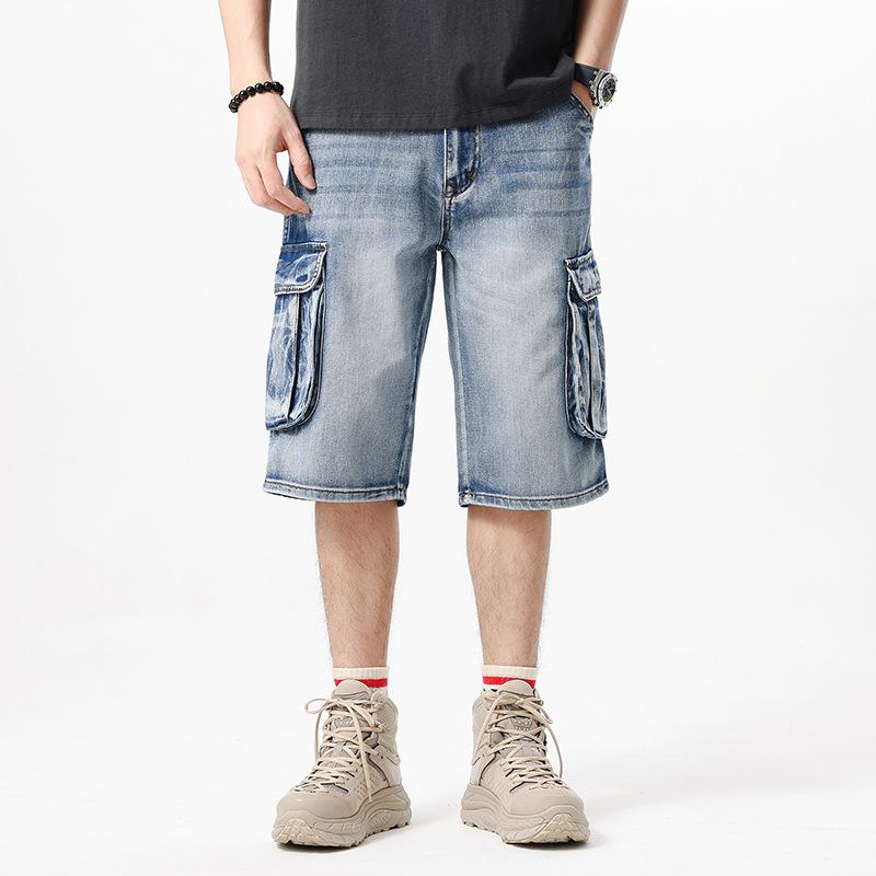 Летние мужские синие джинсовые шорты с несколькими карманами, уличная одежда, свободные прямые джинсовые шорты большого размера