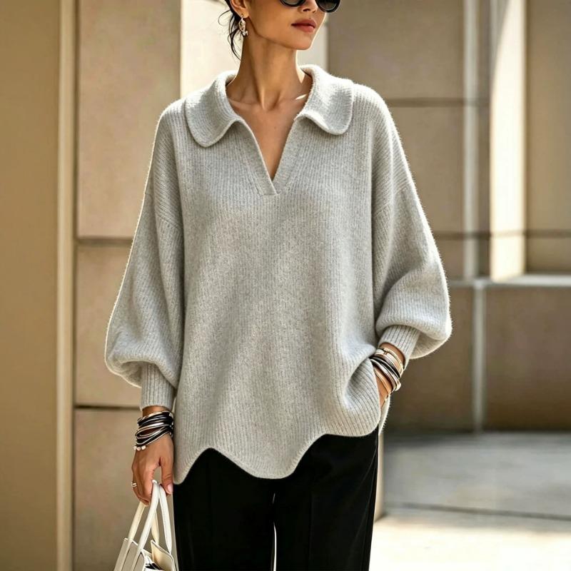 Women S V Neck Lantern Sleeve Solid Knit Sweater Loose Fit Fall Winter