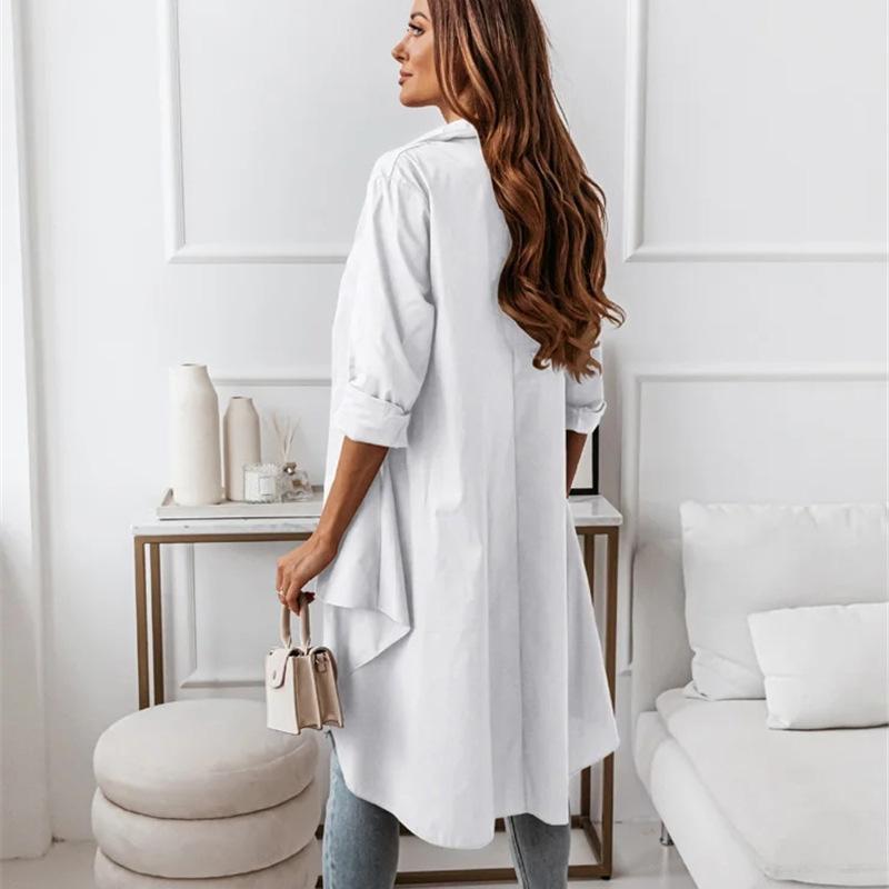 Women Spring Autumn Long Sleeve Lapel Solid Color Loose Irregular Long Shirt Blouse Top