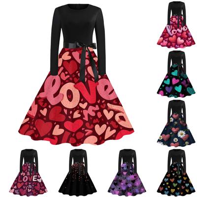 Женское повседневное модное платье в стиле ретро с круглым вырезом и принтом ко Дню святого Валентина