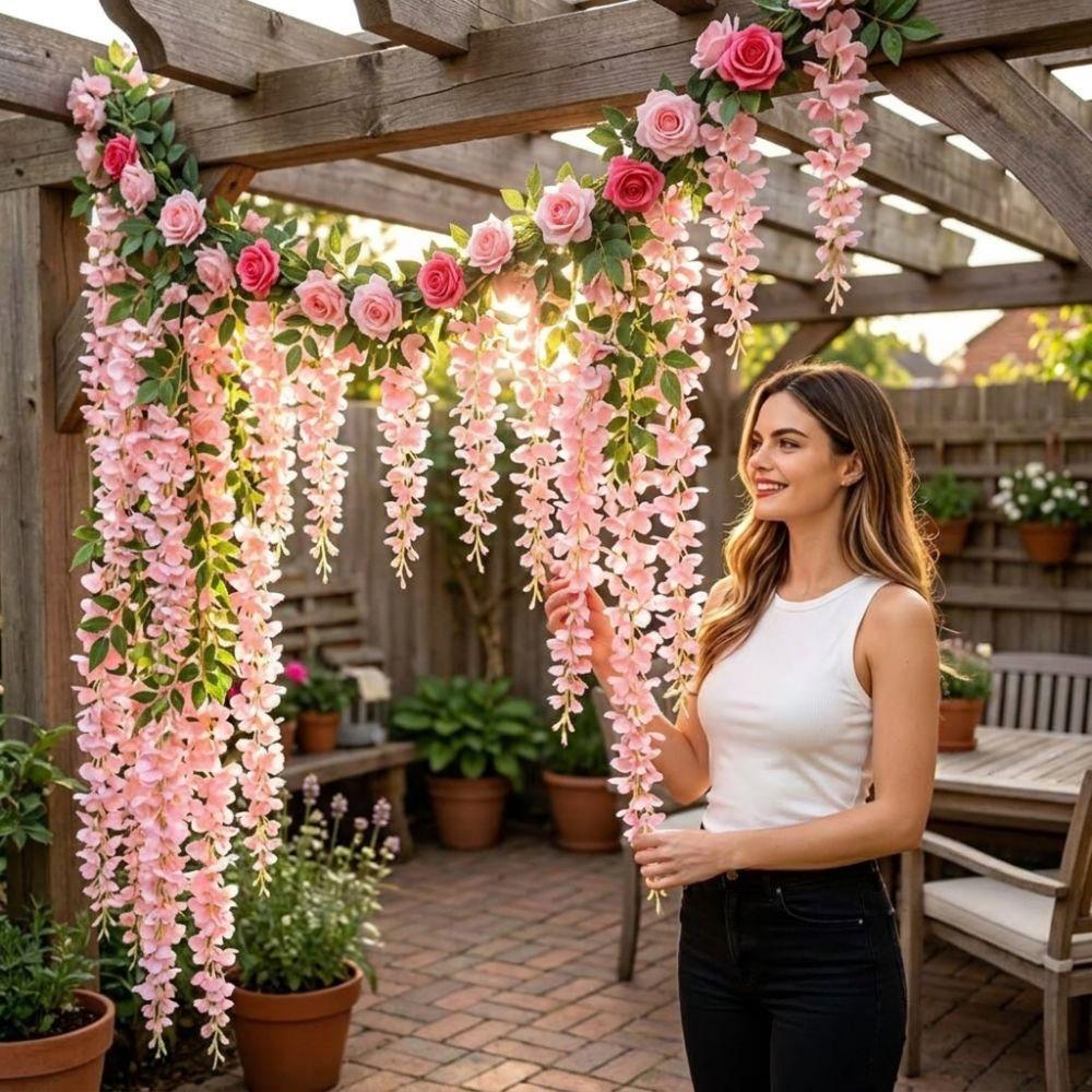 UV Resistant Rose Flower Hanging Vine Plastic Simulated Wisteria Flower  Outdoor Indoor