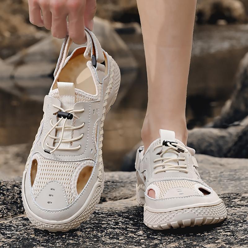 Летние сандалии мужские приливные кожаные с закрытым носком для активного отдыха и спорта, полые сандалии, пляжная обувь, ручная работа, сетчатая мужская обувь