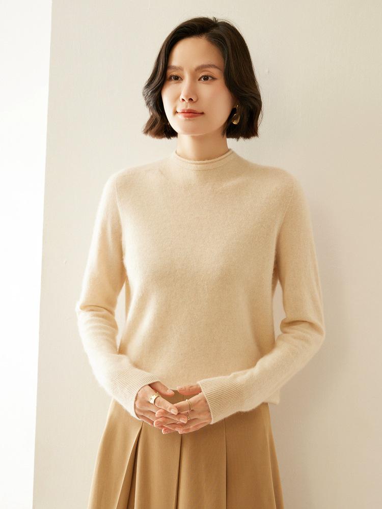 Women's Cashmere Half-High Collar Sweater: Autumn/Winter Style, Twelve-Stitch Rolled Hem, Loose Slimming Knit Base Layer