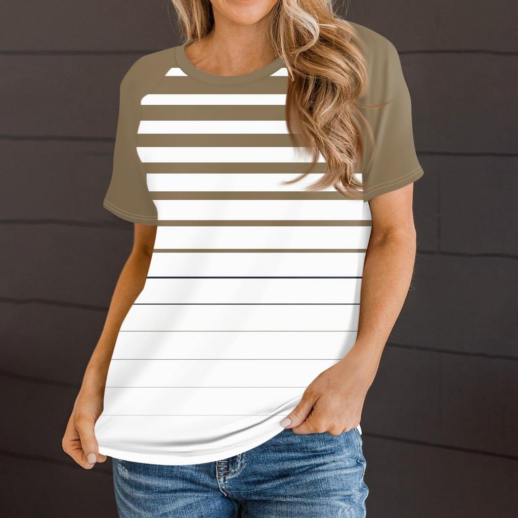 Женская летняя повседневная полосатая градиентная футболка с круглым вырезом и рукавом реглан с коротким рукавом