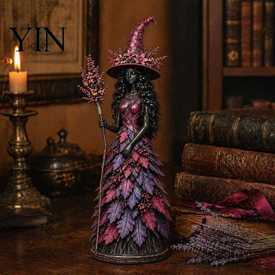 Unique Witch Gifts for Women Seasonal Figurine Ornament, Handcrafted Resin Statue Halloween Thanksgiving Hand Painted Craft Tabletop Decoration, Four