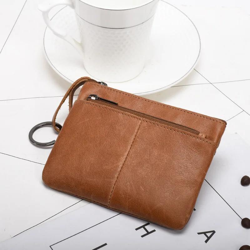 Genuine Leather Coin Purses for Men and Women Vintage Keychain Wallet with Card Holder Solid Color Small Zipper Clutch Purse