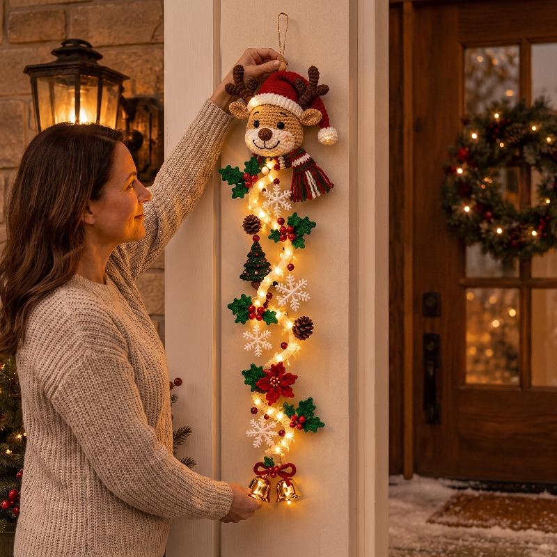 Christmas Door Hanger Led Glowing Handmade Crochet Santa Xmas Tree Bell Ornament Home Wall Front Door New Year Ornaments 2027