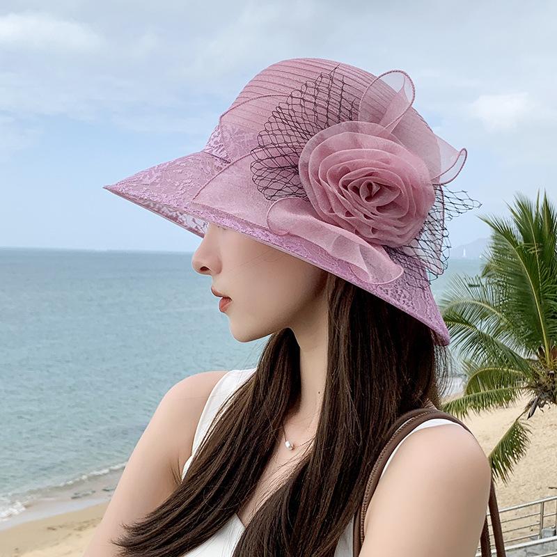 Vintage Elegant Flower Organza Sun Hats Ladies Wedding Party Floppy Church Hat For Women Summer Antiuv Travel Beach Caps