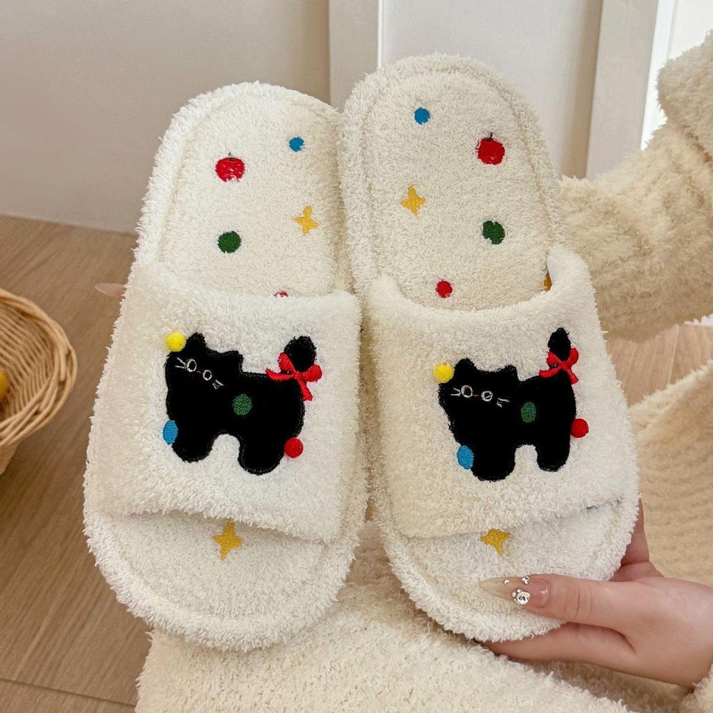 Women's Furry Open-Toe Cotton Slippers - Cute Cartoon Design for Autumn & Winter
