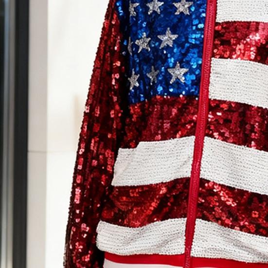 Женский пиджак с пайетками США. Флаг Красный Синий Белый Блестящий На Молнии Пальто Повседневный С Длинным Рукавом Цветной Блок Толстовка Топ