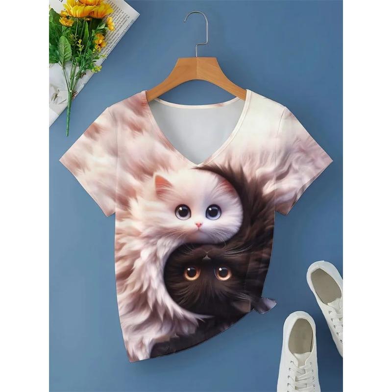 Casual Fashion Simple Abstract Painting Animal Black and White Cat Breathable 3D Printed V-neck Short Sleeve T-shirt Casual Sports Shirt