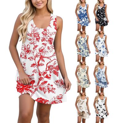 Женское модное повседневное платье с V-образным вырезом без рукавов с узором