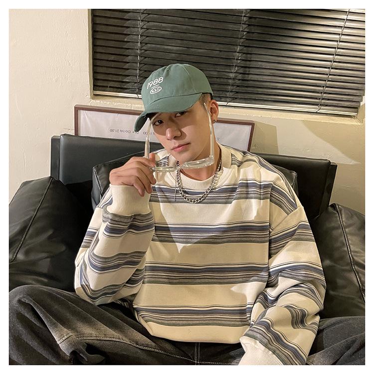 Мужской модный пуловер в полоску с цветными блоками - повседневная толстовка свободного кроя с круглым вырезом для весны и осени.