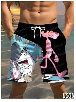 2025 Summer Shorts, Men's Pink Pantela Print, Hawaiian Beach Surf Shorts Casual