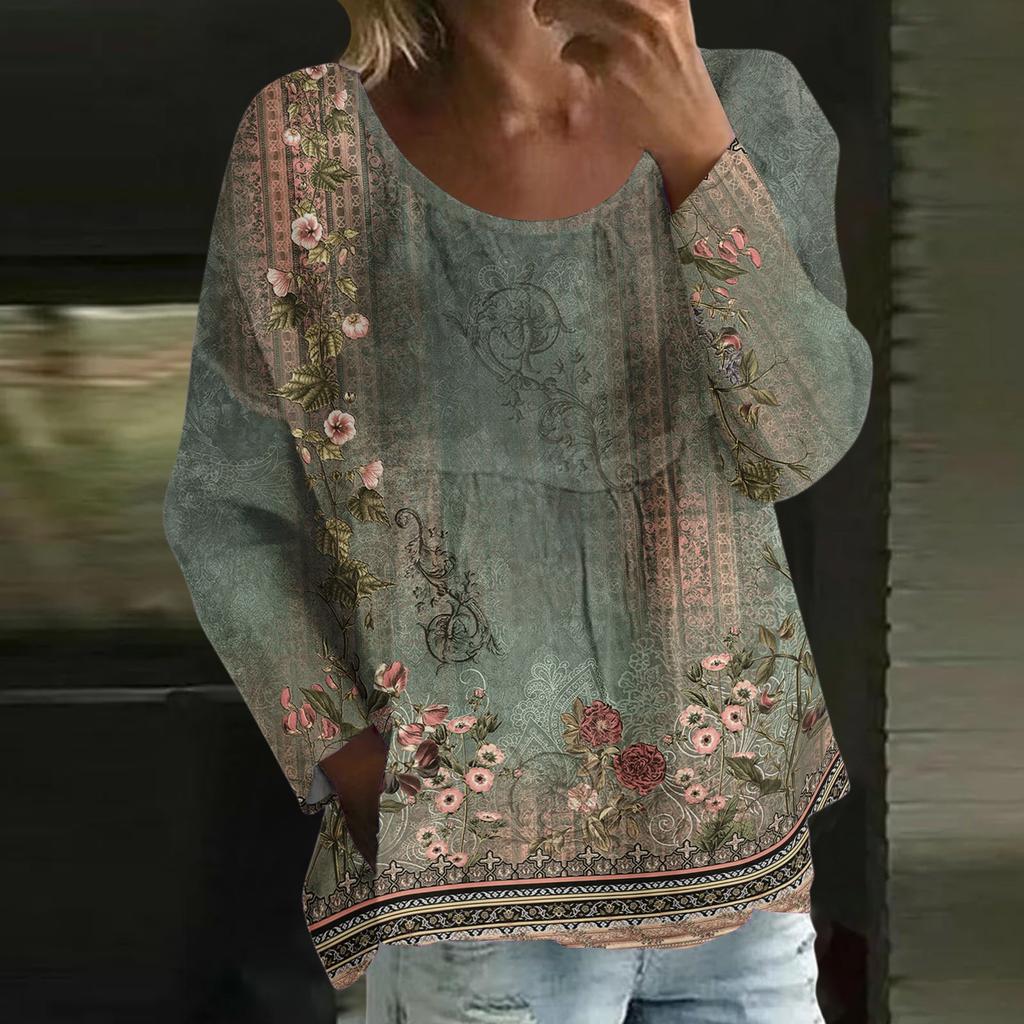 Women's Casual Fashion Loose Round Neck Retro Print Long Sleeve Top