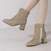 Women's Short Boots Autumn and Winter Grit Metal Sequins Women's and Ankle Boots Gold Silver Thick Heel High Heel Round Head Women's Short Boots