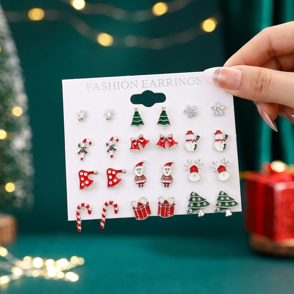 Must Have Christmas Tree Snowflake Gingerbread Stud Earring Set for Women Value Holiday Rhinestone Earrings Gift Jewelry