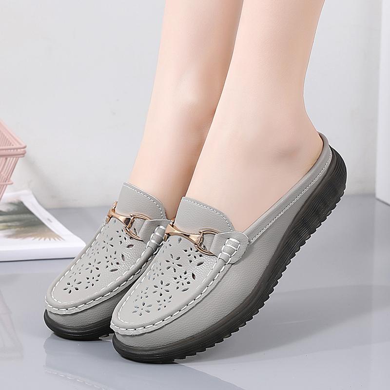Women Soft Mules Loafers Slip On Slippers Casual Elegant Summer Breathable Leather Black Moccasin Shoes