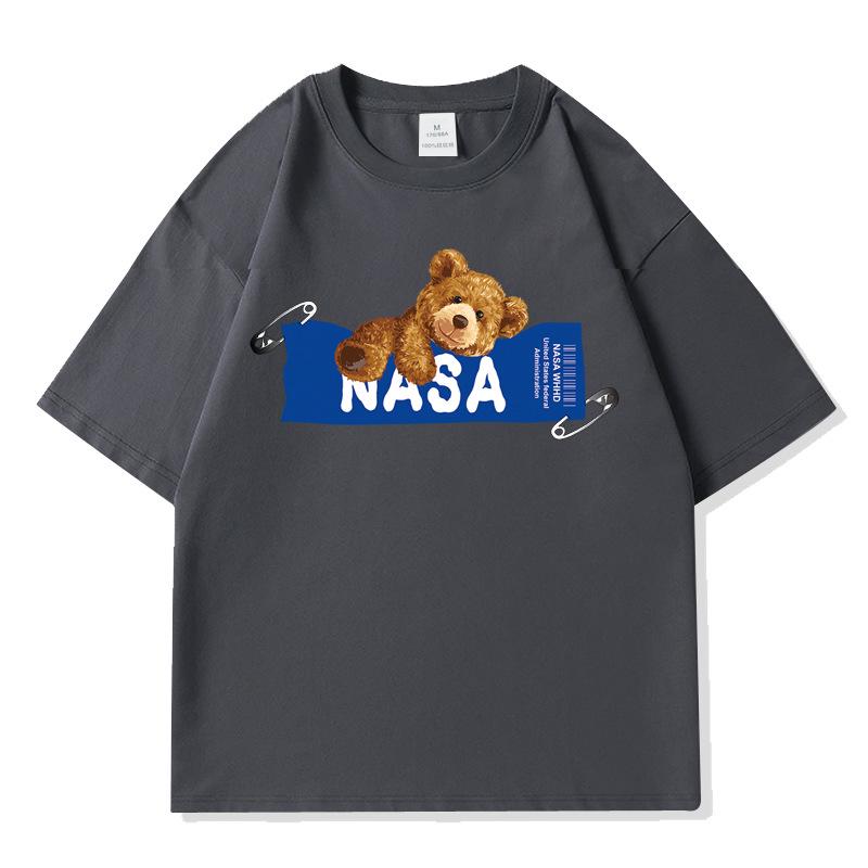 Men's NASA Co-branded Bear Print Crew Neck Cotton T-Shirt - Short Sleeve, Casual Streetwear, Plus Size Available