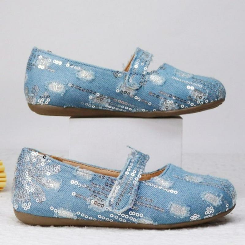 Туфли на плоской подошве для девочек, детские туфли принцессы из денима с пайетками, модные детские кожаные туфли для вечеринки, свадьбы, весна-осень 2024, новинка