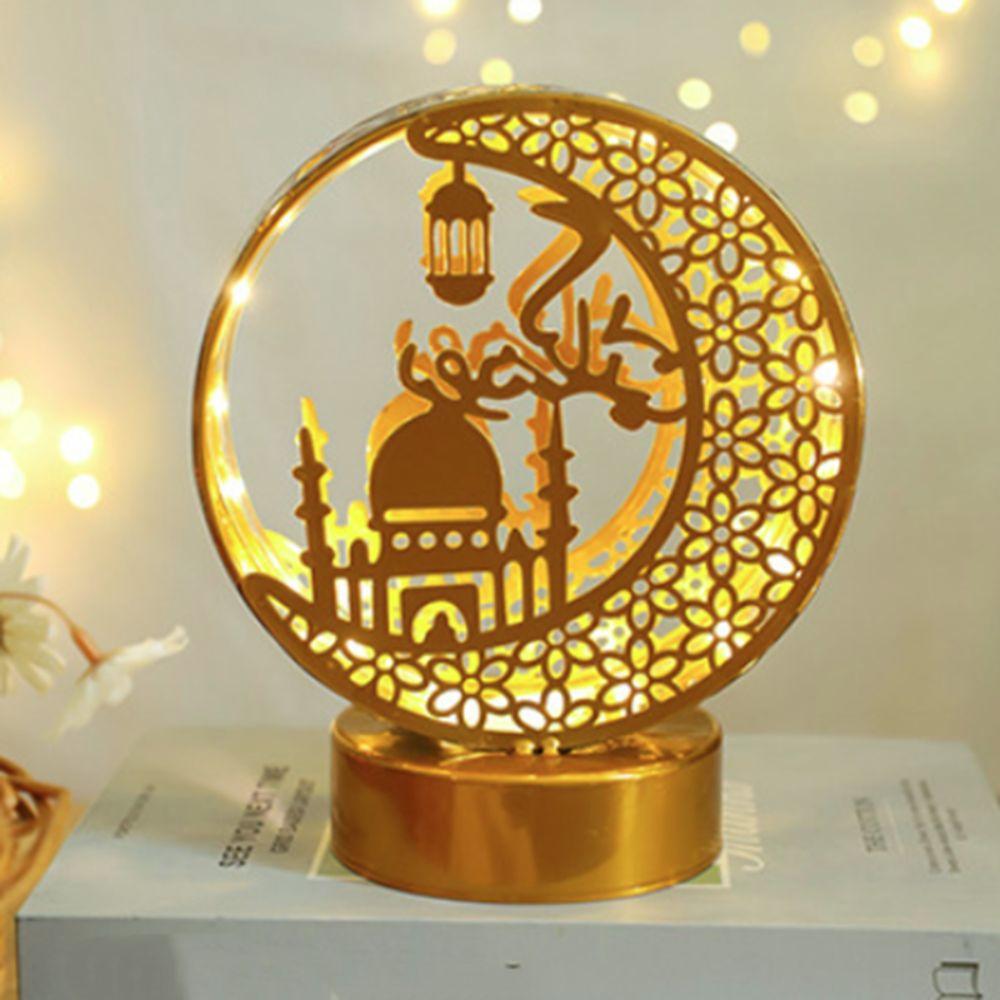 Gold Moon Castle LED Light Wrought Iron Ramadan Desk Ornament Ramadan Night Light Bedroom