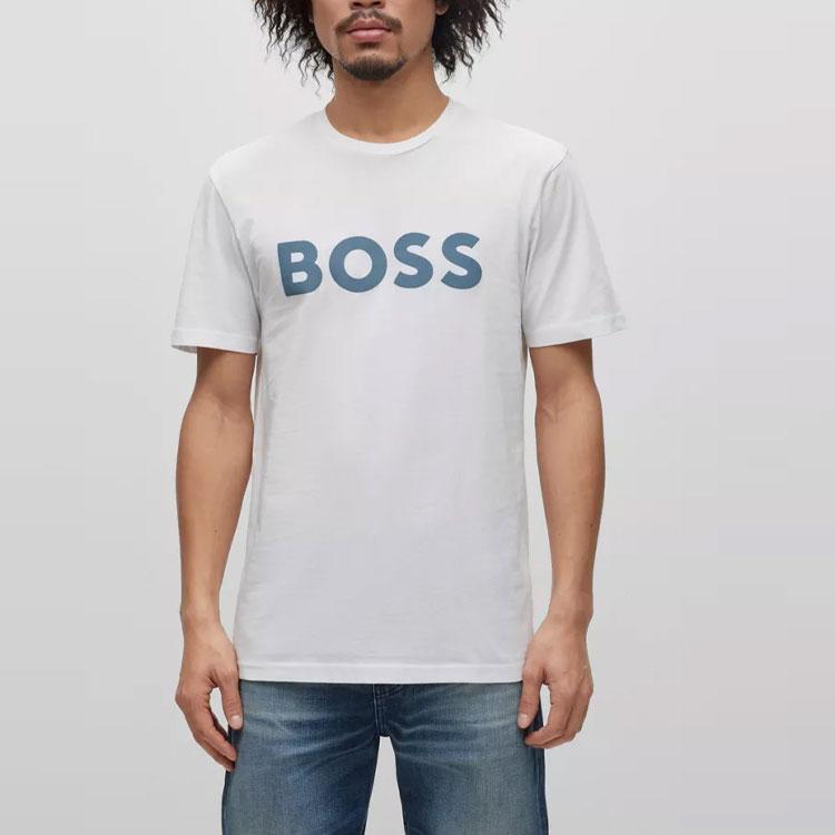 HUGO BOSS T Shirts Men's Blue With White Lettering Crew Neck Moderate Straight Fit 50481923-103