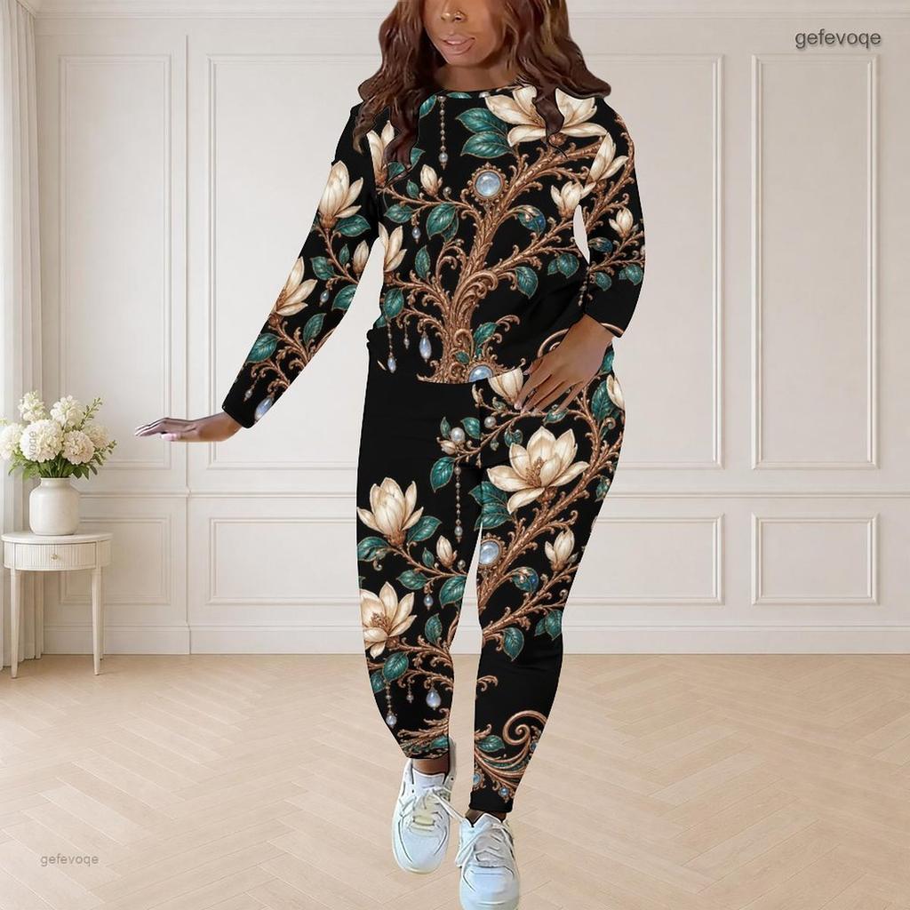 Women Plus Size Round Neck Long Sleeve Floral Printed Top And Fitted Pants Two Piece Set