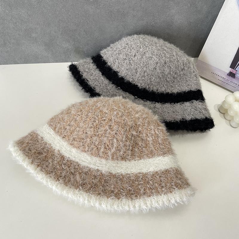 Полосатая осенне-зимняя шапка однотонная маленькая шапка в стиле ретро, универсальная, модная, плюшевая вязаная шапка, шляпа-ведро