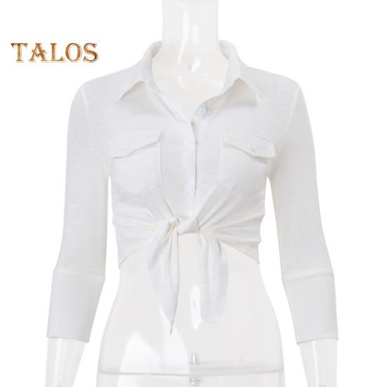 Женская рубашка белого цвета с длинным рукавом, лацканами, завязками, подолами, однотонные короткие повседневные топы для офиса, отпуска, вечеринки, уличной одежды