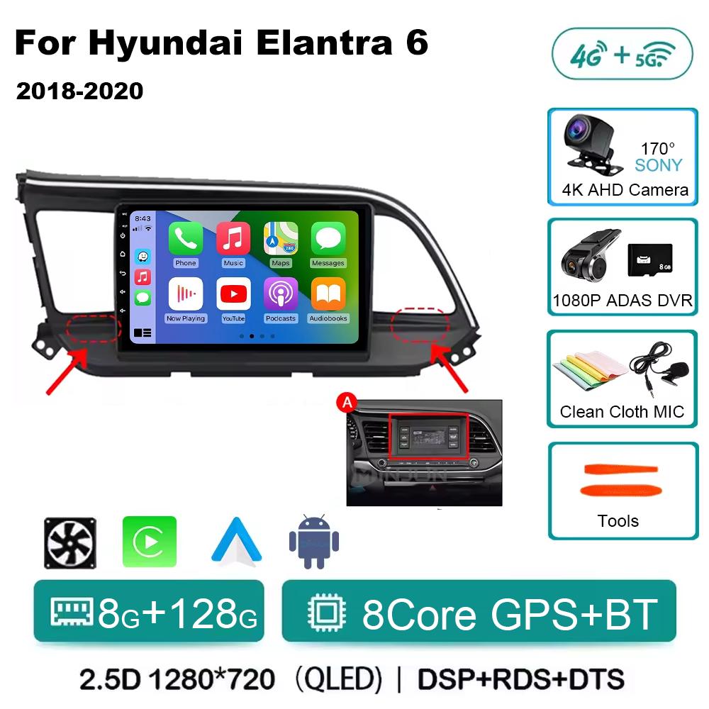 Для Hyundai Elantra 6 2018 2019 2020 Автомагнитола Мультимедиа Видео GPS Android 14 Беспроводной Apple Carplay QLED Экран Головное устройство