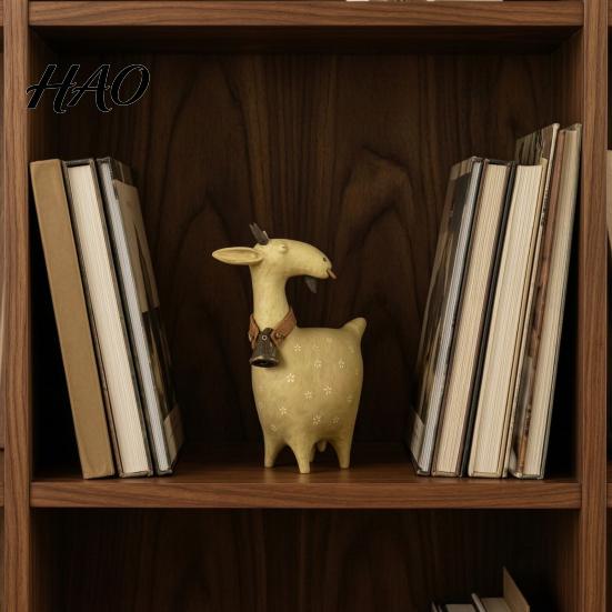 Retro Home Decor Vintage Goat Figurines with Bell Collar, Rustic Farmhouse Animal Desktop Style Collectibles Statues, Countryside Ornament for Shelf,