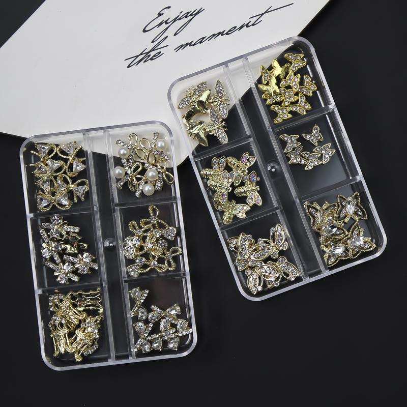 1 коробка, смешанные стили, 3D роскошные ювелирные изделия для дизайна ногтей, стразы, драгоценные камни, золотой металлический сплав, подвески для ногтей в форме бабочки, сделай сам, блестящие украшения с бриллиантами