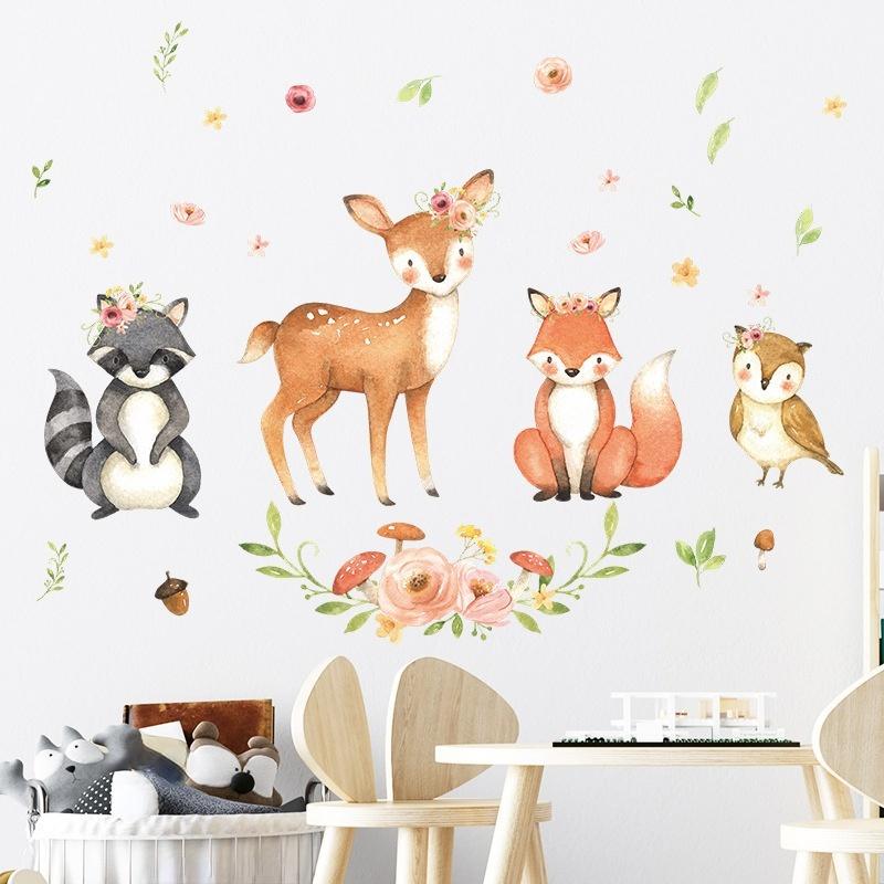Cartoon Animals Wall Stickers Children Rooms Fawn Fox Kids Wall Stickers Decals Wallpaper for Kids Room Baby Room Decoration