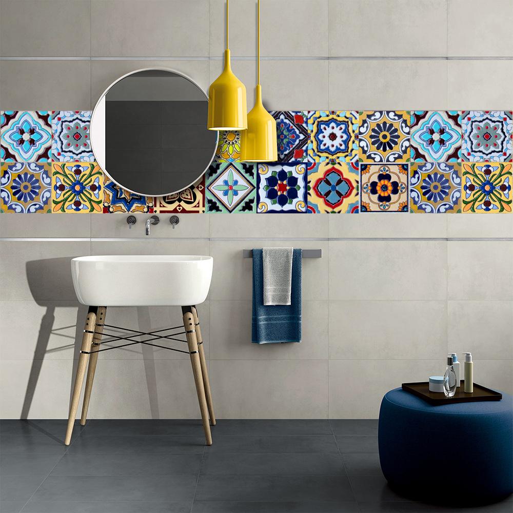 16pcs Retro Moroccan Tiles Wall Sticker Kitchen Backsplash Cupboard Bathroom Decoration Waterproof Self-adhesive Art Wall Decals