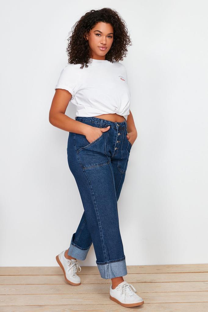 Женские темно-синие джинсы прямого кроя больших размеров с отворотами