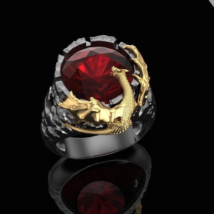 Chenrui Gothic Punk Ruby Dragon Men's Gold Two-Tone Ring