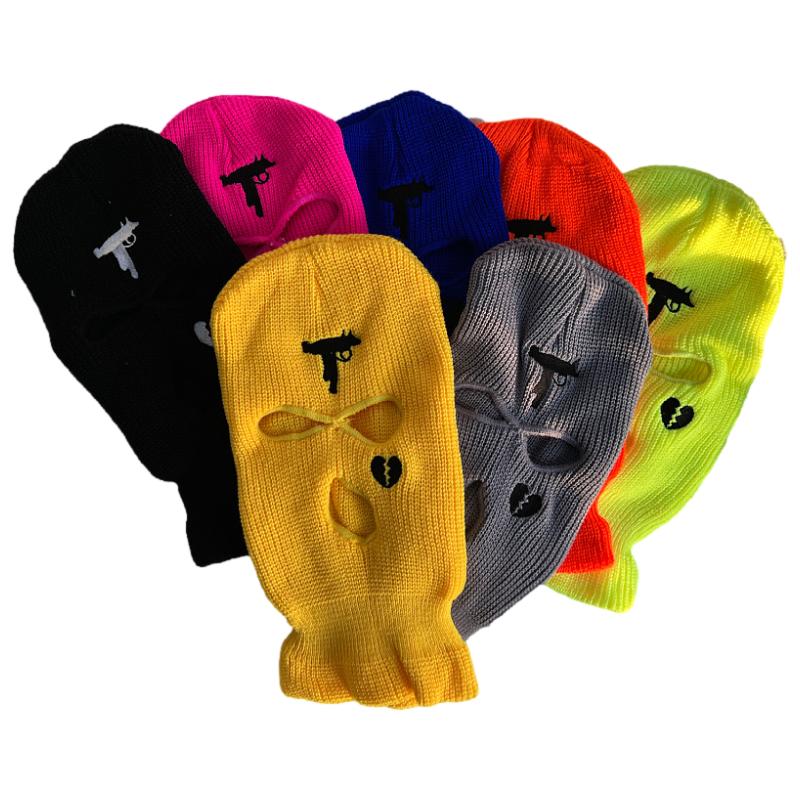 Балаклава с 3 отверстиями, полнолицевая маска, вышитое изображение пистолета, разбитого сердца, вязаные шапки, армейский тактический лыжный чехол для велоспорта, капюшон, шлем для мотоцикла