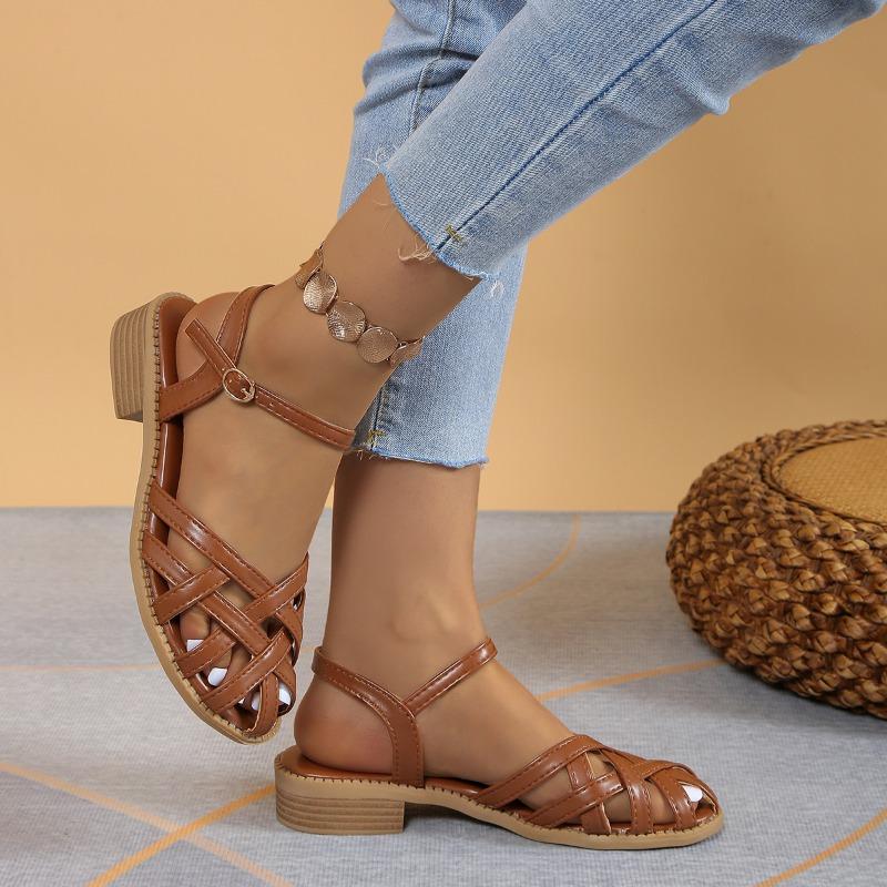 Fashion Baotou Mid-heel Sandals New Summer Round Head Shallow Cross Thin with Soft Sole Anti-slip Wear-resistant Square Heel Shoes