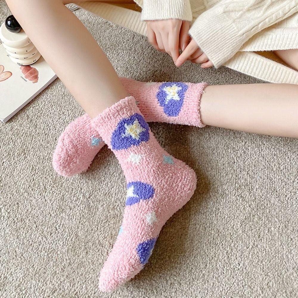 Printing Coral Velvet Socks Plush Sleeping Socks Creative Flower Pattern Socks Girls